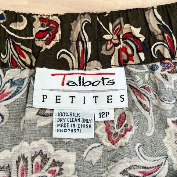 Talbots Silk Floral Midi Skirt in Olive Green Red Boho Print Zip Side, Size 12P - Picture 3 of 7